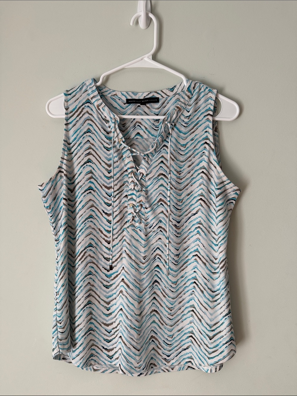 White House Black Market White and Teal Chevron Lace-Up Tank
